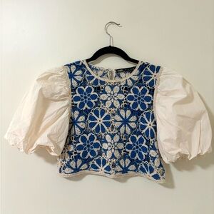 ZARA Embroidered Crochet Top with Puff Sleeves – Statement & Elegance